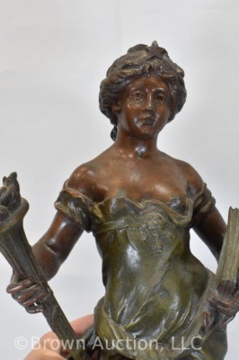 Spelter sculpture by Auguste Moreau, woman carrying torch and "Science" book, 20" tall - 6