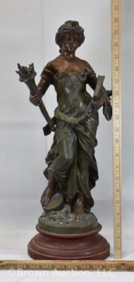 Spelter sculpture by Auguste Moreau, woman carrying torch and "Science" book, 20" tall - 8