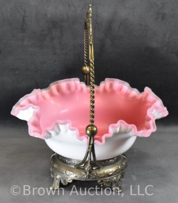 Bride's bowl in ornate handled holder, 10"d pink cased glass ruffled bowl - 2