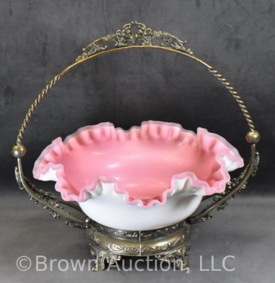 Bride's bowl in ornate handled holder, 10"d pink cased glass ruffled bowl - 3