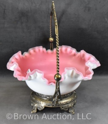 Bride's bowl in ornate handled holder, 10"d pink cased glass ruffled bowl - 4