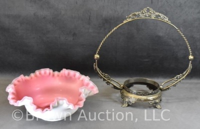 Bride's bowl in ornate handled holder, 10"d pink cased glass ruffled bowl - 5