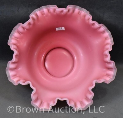 Bride's bowl in ornate handled holder, 10"d pink cased glass ruffled bowl - 8