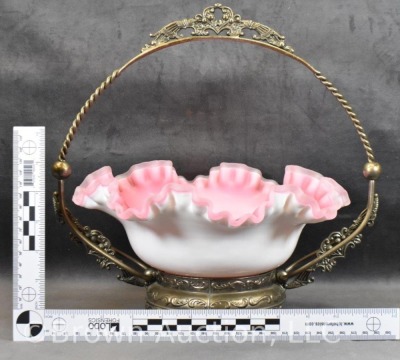 Bride's bowl in ornate handled holder, 10"d pink cased glass ruffled bowl - 10