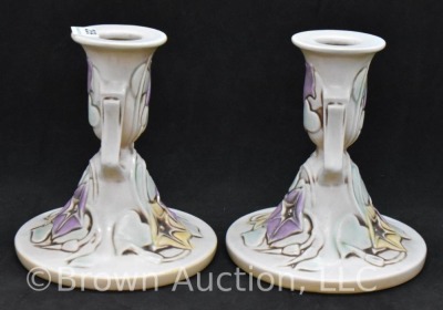 Pair of Roseville Morning Glory 1102-4.5" candle holders, white - 2