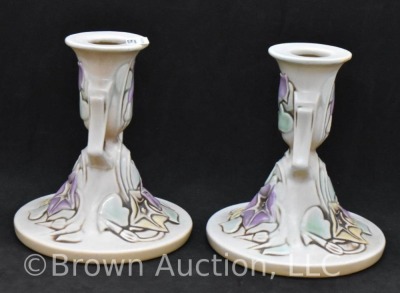 Pair of Roseville Morning Glory 1102-4.5" candle holders, white - 4