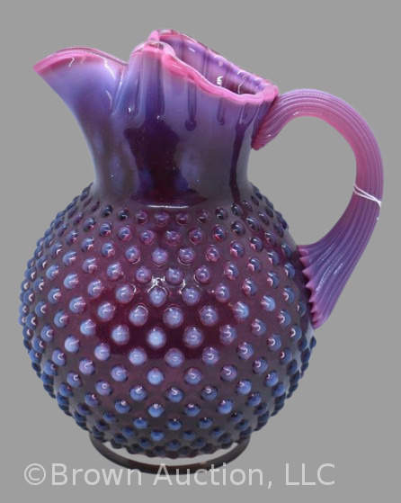 Fenton Cranberry opalescent Hobnail 10" water pitcher w/ pinched spout