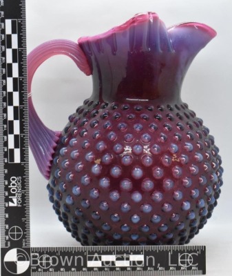 Fenton Cranberry opalescent Hobnail 10" water pitcher w/ pinched spout - 3