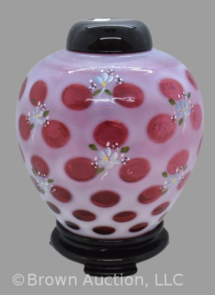 Fenton Cranberry opalescent Coin Dot 8" ginger jar on stand, dainty HP flowers