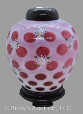 Fenton Cranberry opalescent Coin Dot 8" ginger jar on stand, dainty HP flowers