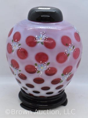 Fenton Cranberry opalescent Coin Dot 8" ginger jar on stand, dainty HP flowers - 2