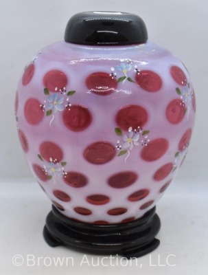 Fenton Cranberry opalescent Coin Dot 8" ginger jar on stand, dainty HP flowers - 3