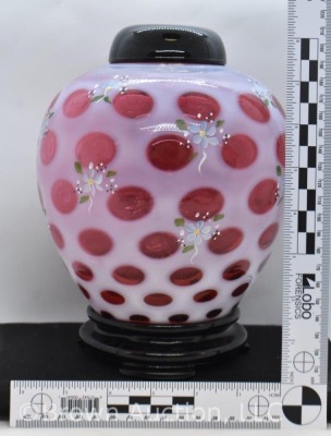 Fenton Cranberry opalescent Coin Dot 8" ginger jar on stand, dainty HP flowers - 4