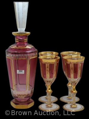 Moser Cranberry Glass decanter set w/ 4 wine glasses, great gold highlights