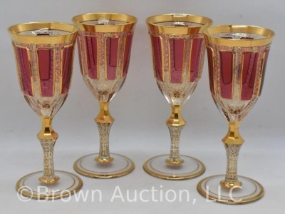 Moser Cranberry Glass decanter set w/ 4 wine glasses, great gold highlights - 9