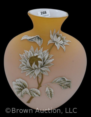 Peach satin 7.25" vase w/ white enameled sunflowers