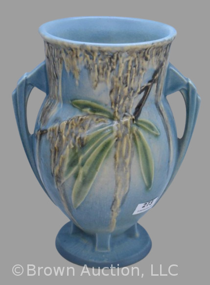 Roseville Moss 776-7" dbl. handled vase, blue