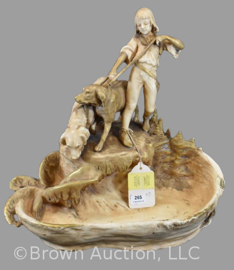 Royal Dux centerpiece, boy on cliff holding back 2 dogs