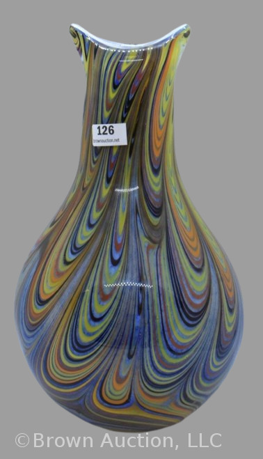 Murano Cased Glass V-neck 10" vase, colorful pulled loops design