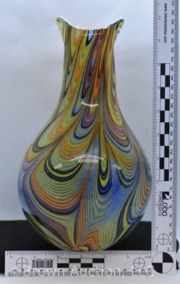 Murano Cased Glass V-neck 10" vase, colorful pulled loops design - 3