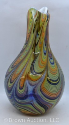 Murano Cased Glass V-neck 10" vase, colorful pulled loops design - 4