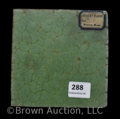 Grueby Pottery matte green tile, 4" sq. dia., paper label