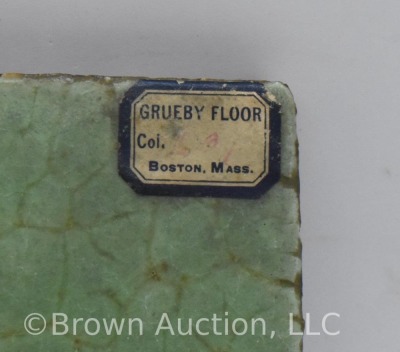 Grueby Pottery matte green tile, 4" sq. dia., paper label - 2