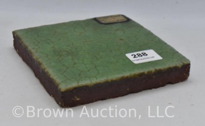 Grueby Pottery matte green tile, 4" sq. dia., paper label - 3