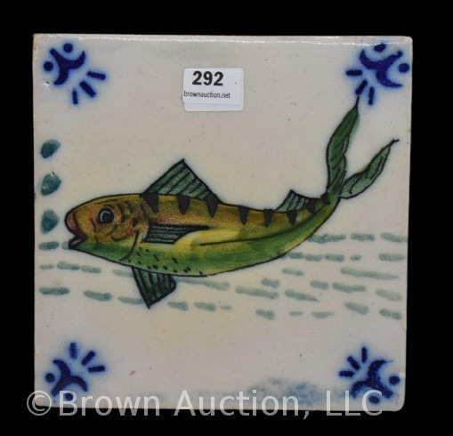 American Encaustic tile decorated with fish, 5.5" sq. dia.