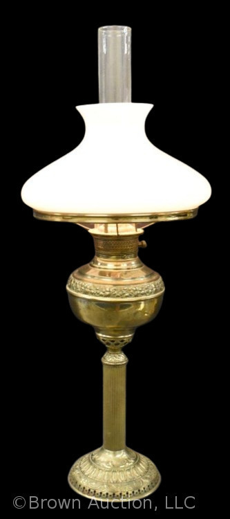 Electric vintage brass oil lamp w/ white shade, 25" tall