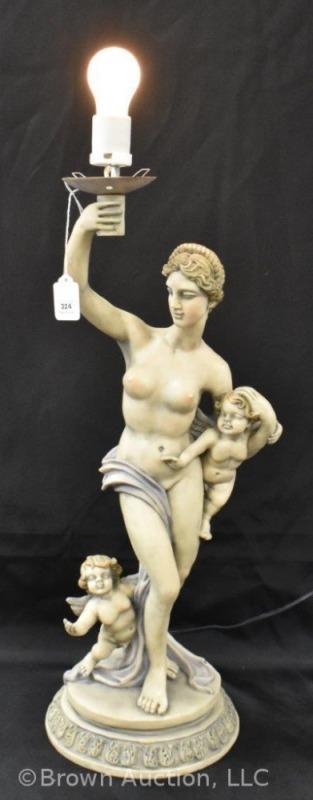 Vintage bisque semi-nude woman w/ cherubs figural lamp