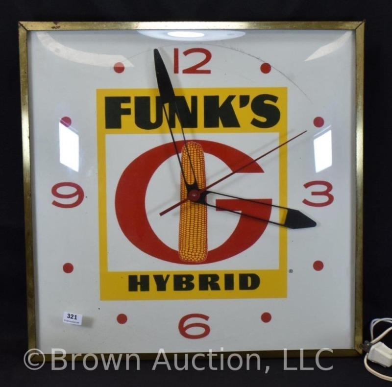 Pam advertising electric clock - Funk's Hybrid, 15.5" sq. dia.