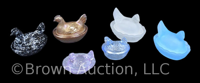 (6) Indiana Glass miniature hens on nest, various colors and sizes