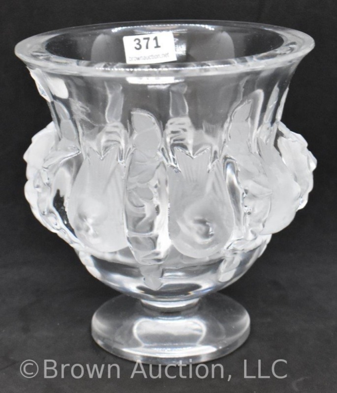 Lalique France crystal Sparrows and Vines 4.5" ftd. vase, signed