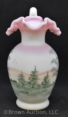 Fenton Art Glass Burmese 9" pitcher, church and landscape scene - 2