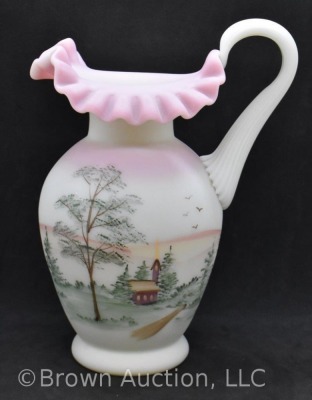 Fenton Art Glass Burmese 9" pitcher, church and landscape scene - 3