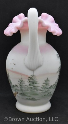 Fenton Art Glass Burmese 9" pitcher, church and landscape scene - 4