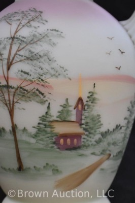 Fenton Art Glass Burmese 9" pitcher, church and landscape scene - 6