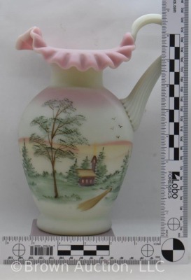 Fenton Art Glass Burmese 9" pitcher, church and landscape scene - 7