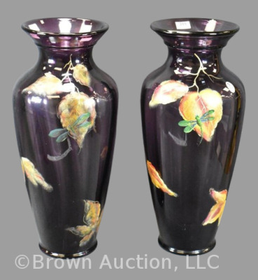 Pair of Fenton Art Glass plum 14.5" vases with handpainted leaves and dbl. winged dragon flies