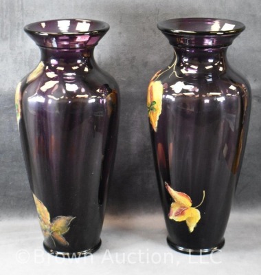 Pair of Fenton Art Glass plum 14.5" vases with handpainted leaves and dbl. winged dragon flies - 2