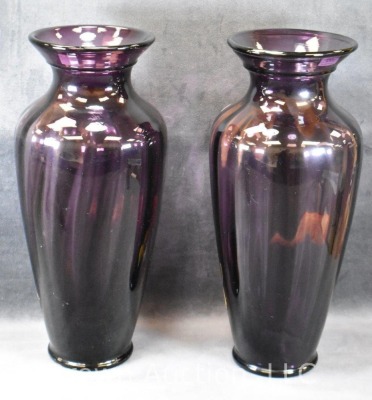 Pair of Fenton Art Glass plum 14.5" vases with handpainted leaves and dbl. winged dragon flies - 3