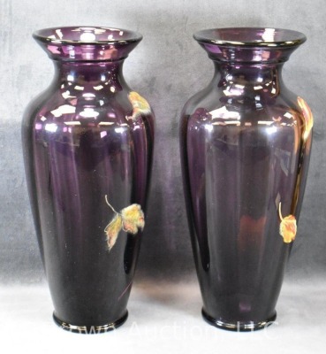 Pair of Fenton Art Glass plum 14.5" vases with handpainted leaves and dbl. winged dragon flies - 4