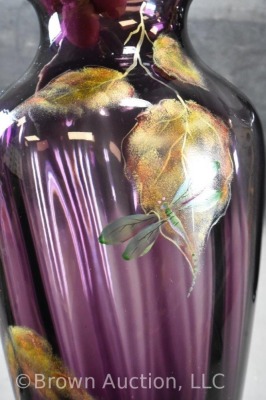 Pair of Fenton Art Glass plum 14.5" vases with handpainted leaves and dbl. winged dragon flies - 5