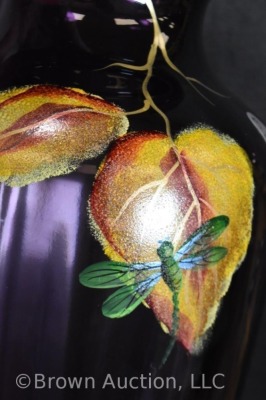 Pair of Fenton Art Glass plum 14.5" vases with handpainted leaves and dbl. winged dragon flies - 6