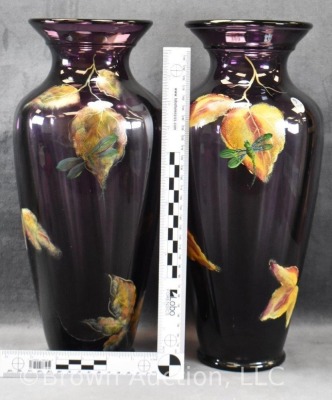 Pair of Fenton Art Glass plum 14.5" vases with handpainted leaves and dbl. winged dragon flies - 9