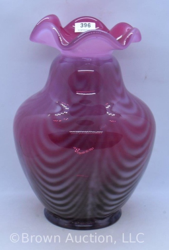 Fenton Cranberry opalescent 8.5" Drapery pattern vase