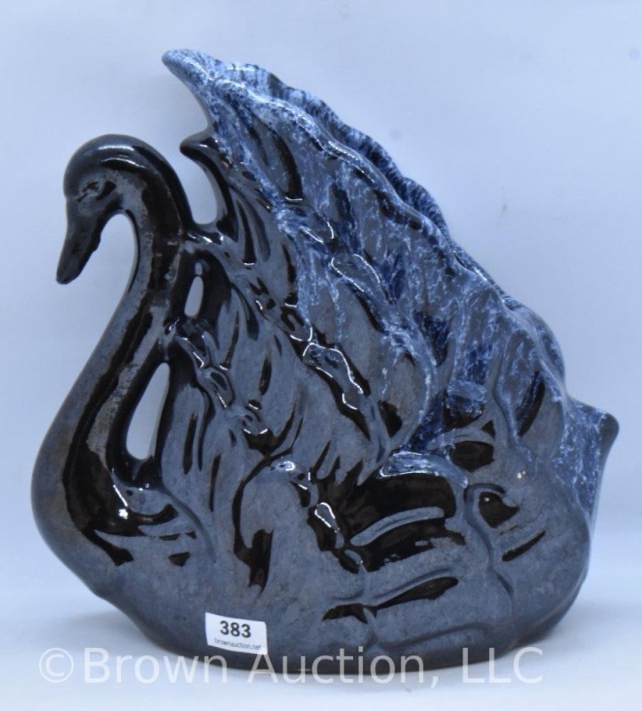 Van Briggle 8.5"h Swan planter, black w/blue drip glaze