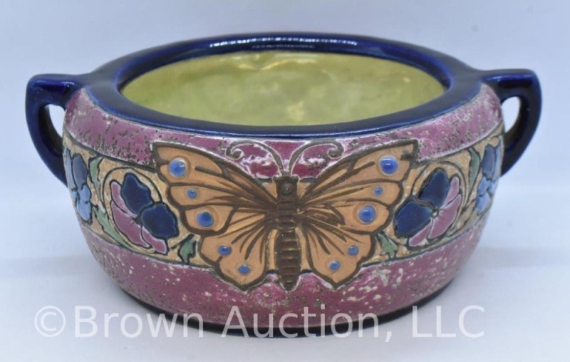 Mrkd. Amphora Pottery (Czech.) dbl. handled bowl, butterfly and floral design, cobalt trim