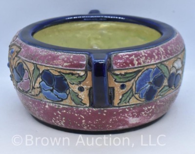 Mrkd. Amphora Pottery (Czech.) dbl. handled bowl, butterfly and floral design, cobalt trim - 2